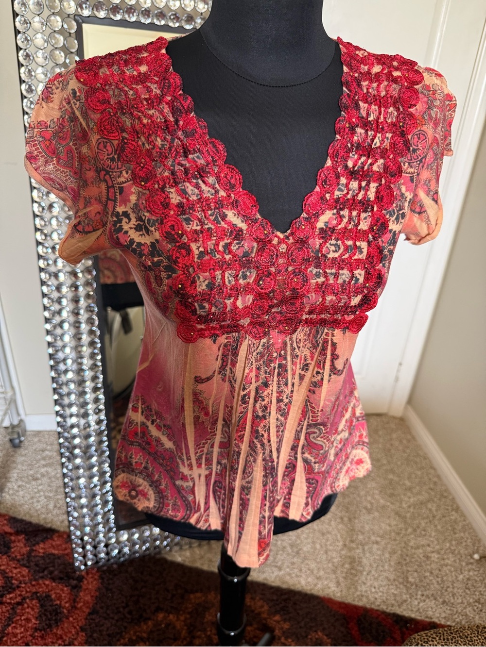 Apt. 9 Red Paisley V-Neck Embroidered Blouse